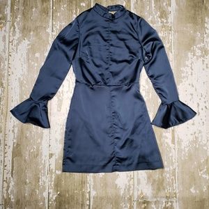 Satin blue dress with bell sleeves